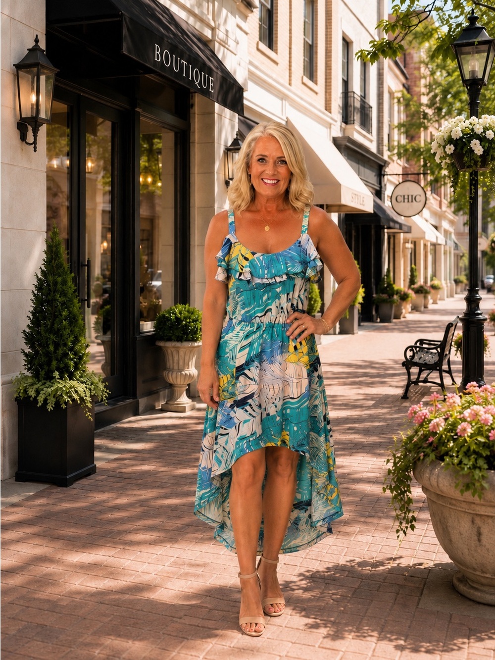 Roz & Ali Teal Tropical Print High-Low Sundress Large NWT